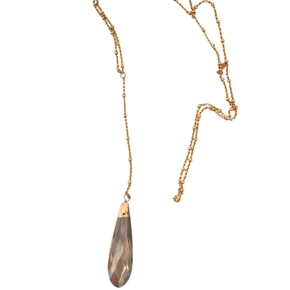 EXQUISITE Elongated Brown Topaz Teardrop Crystal Pendant 32" Chain Long Necklace - Picture 2 of 4